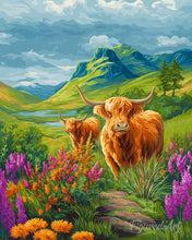 Cargar imagen en el visor de la galería, Pintar por numeros Figured'Art - Highland Cow colinas en flor