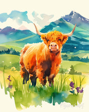 Cargar imagen en el visor de la galería, Pintar por numeros Figured'Art - Highland Cow valle pastel