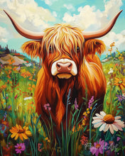 Cargar imagen en el visor de la galería, Pintar por numeros Figured'Art - Retrato de Highland Cow flores silvestres