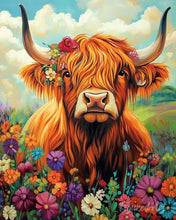 Cargar imagen en el visor de la galería, Pintar por numeros Figured'Art - Retrato de Highland Cow flores