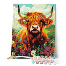 Cargar imagen en el visor de la galería, Retrato de Highland Cow flores