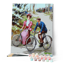 Cargar imagen en el visor de la galería, Pintura vintage de pareja en bicicleta