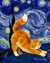 Cargar imagen en el visor de la galería, Pintar por numeros Figured'Art - Gato Rojo en la Noche Estrellada