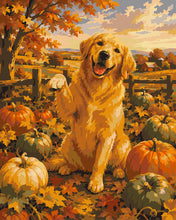 Cargar imagen en el visor de la galería, Pintar por numeros Figured'Art - Golden Retriever en el Campo de Calabazas