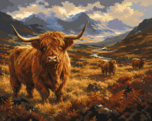Cargar imagen en el visor de la galería, Pintar por numeros Figured'Art - Rebaño de Vacas Highlands en el Glen