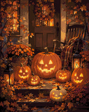 Cargar imagen en el visor de la galería, Pintar por numeros Figured'Art - Calabaza de Halloween iluminada en el porche