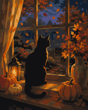 Cargar imagen en el visor de la galería, Pintar por numeros Figured'Art - Gato Negro en la Ventana de Calabazas