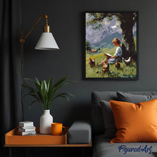 Cargar imagen en el visor de la galería, Pintura vintage de una persona leyendo en el campo