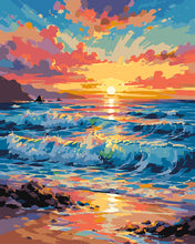 Cargar imagen en el visor de la galería, Pintar por numeros Figured'Art - Olas al atardecer