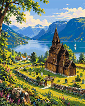 Cargar imagen en el visor de la galería, Pintar por numeros Figured'Art - Fiordo Noruego e Iglesia de Madera