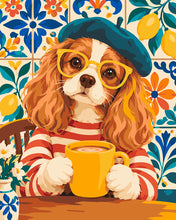 Cargar imagen en el visor de la galería, Pintar por numeros Figured'Art - Spaniel con boina en el café