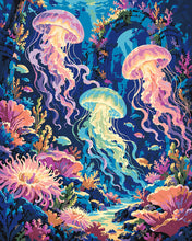 Cargar imagen en el visor de la galería, Pintar por numeros Figured'Art - Medusas luminosas entre ruinas submarinas