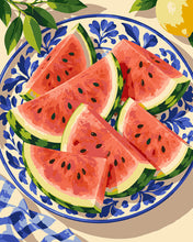 Cargar imagen en el visor de la galería, Pintar por numeros Figured'Art - Sandía en un plato de porcelana azul