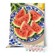 Cargar imagen en el visor de la galería, Sandía en un plato de porcelana azul