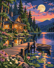 Cargar imagen en el visor de la galería, Pintar por numeros Figured'Art - Refugio junto al lago bajo la luz de la luna