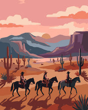 Cargar imagen en el visor de la galería, Pintar por numeros Figured'Art - Vaqueros al atardecer en el desierto