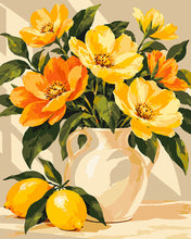 Cargar imagen en el visor de la galería, Pintar por numeros Figured'Art - Limones al sol y flores doradas