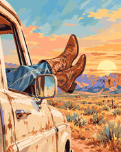 Cargar imagen en el visor de la galería, Pintar por numeros Figured'Art - Viaje por carretera a través del desierto al atardecer