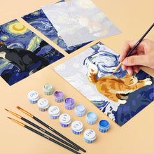 Cargar imagen en el visor de la galería, Mini Pintar por números 15x20cm (6 piezas) - Gatos Noche Estrellada