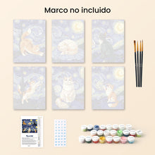 Cargar imagen en el visor de la galería, Mini Pintar por números 15x20cm (6 piezas) - Gatos Noche Estrellada
