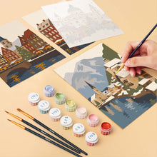 Cargar imagen en el visor de la galería, Mini Pintar por números 15x20cm (6 piezas) - Colección de Pueblos de Invierno