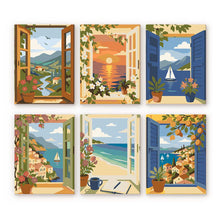 Cargar imagen en el visor de la galería, Mini Pintar por números 15x20cm (6 piezas) - Ventanas con vistas al océano Figured'Art