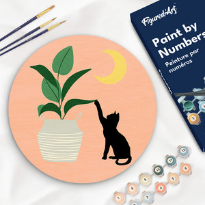 Pintar por Números en Disco de Madera - Gatito y planta con luna