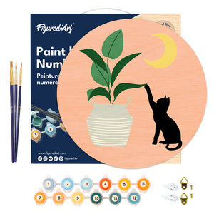 Pintar por Números en Disco de Madera - Gatito y planta con luna