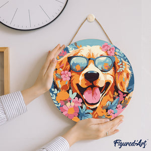 Pintar por Números en Disco de Madera - Perro de fantasía y flores