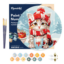 Cargar imagen en el visor de la galería, Pintar por Números en Disco de Madera - Gato Lindo con Bufanda Roja