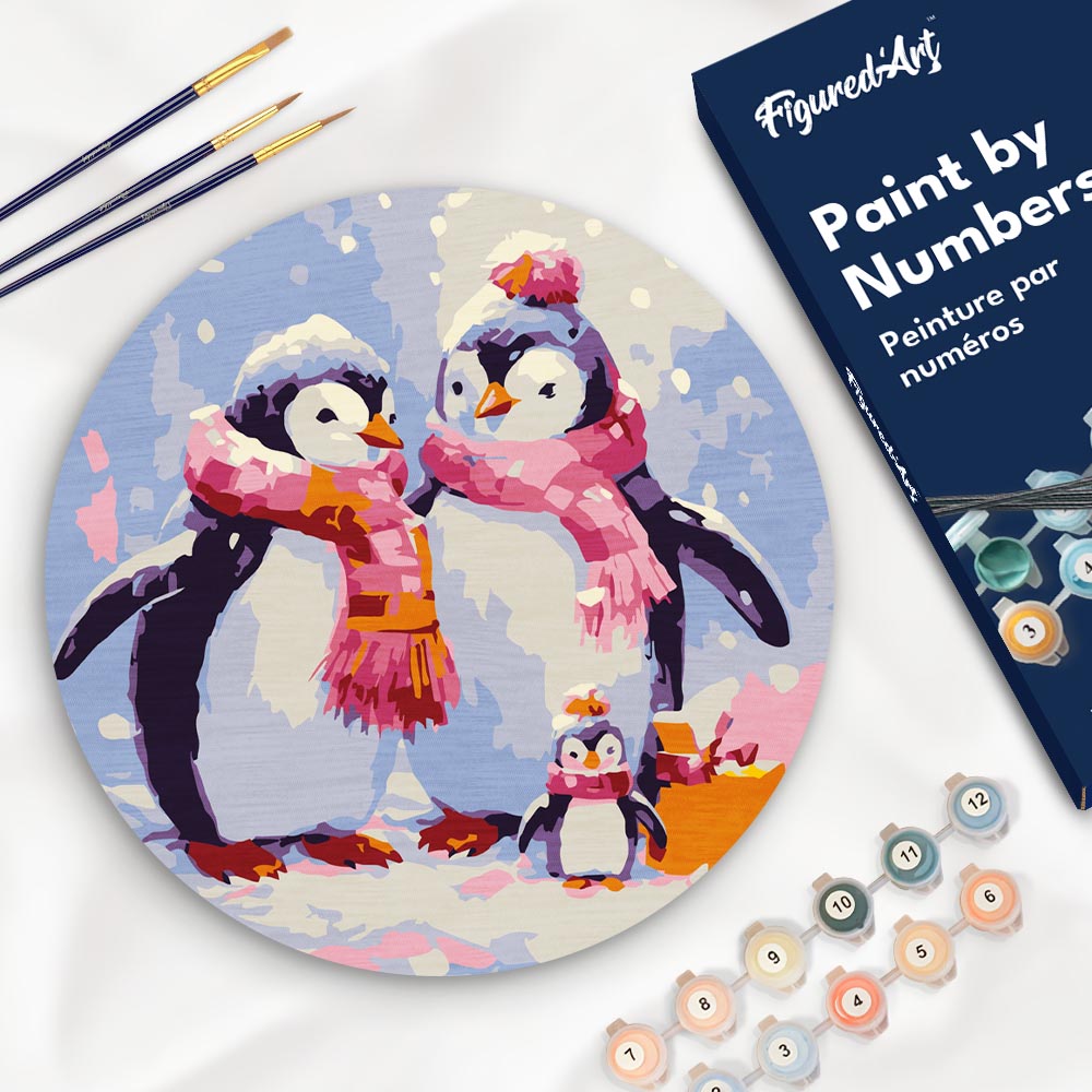 Pintar por Números en Disco de Madera - Familia de Pingüinos en la Nieve
