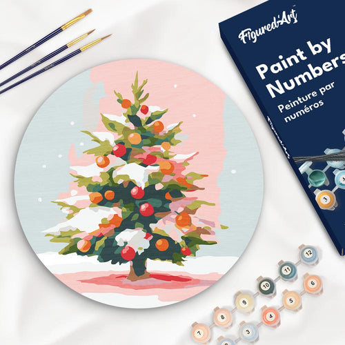 Pintar por Números en Disco de Madera - Árbol de Navidad nevado