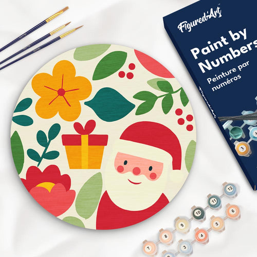 Pintar por Números en Disco de Madera - Papá Noel y flores