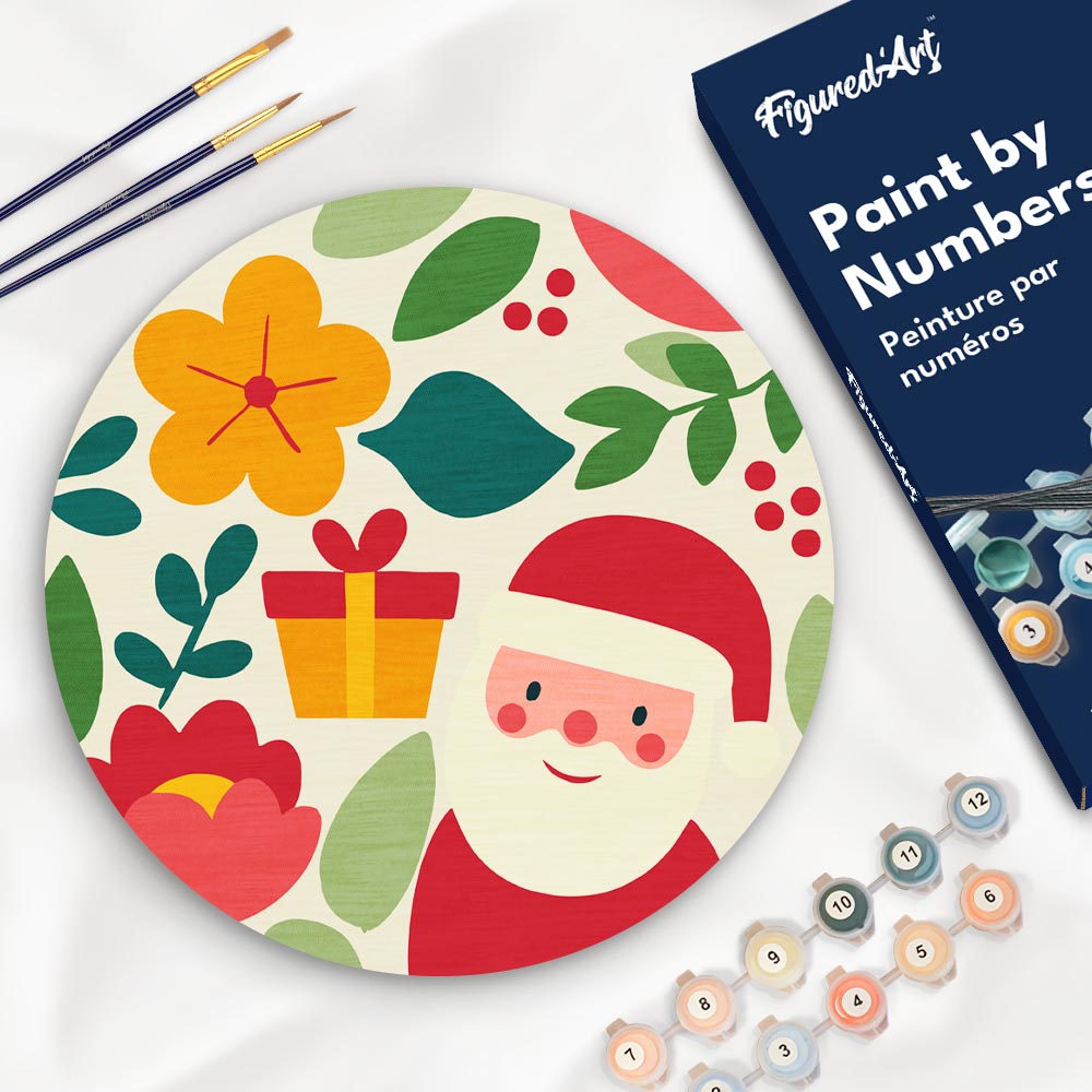 Pintar por Números en Disco de Madera - Papá Noel y flores