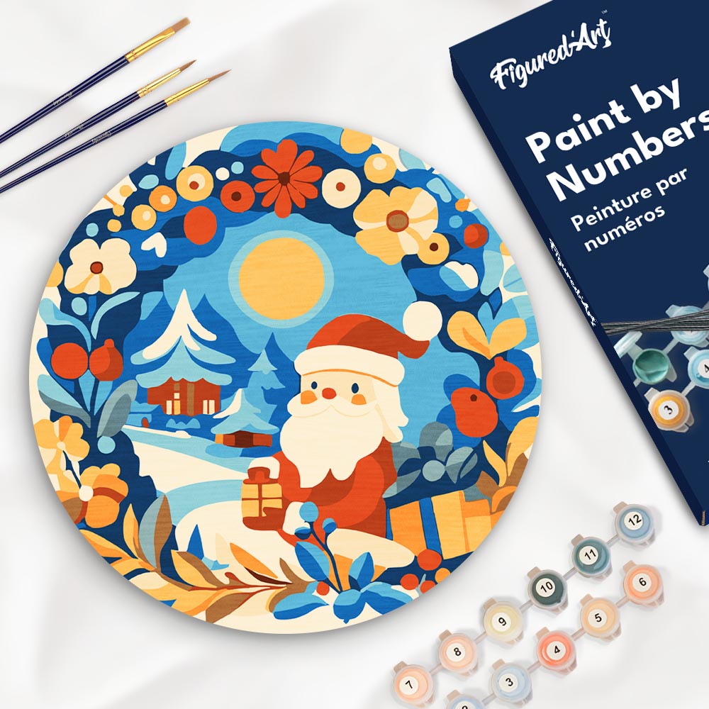 Pintar por Números en Disco de Madera - Corona y Papá Noel