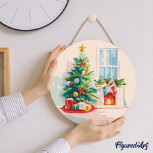 Cargar imagen en el visor de la galería, Pintar por Números en Disco de Madera - Árbol de Navidad y chimenea