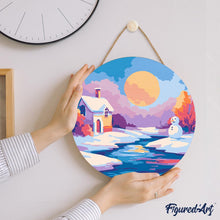Cargar imagen en el visor de la galería, Pintar por Números en Disco de Madera - Paisaje invernal al atardecer