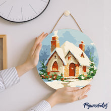 Cargar imagen en el visor de la galería, Pintar por Números en Disco de Madera - Casa de ladrillo en invierno