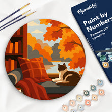 Cargar imagen en el visor de la galería, Pintar por numeros Figured'Art - Pintar por Números en Disco de Madera - Vista otoñal del gato