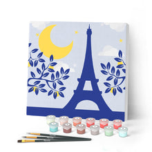 Cargar imagen en el visor de la galería, Mini Pintar por Números 20x20cm con bastidor París bajo la luna