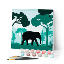 Cargar imagen en el visor de la galería, Mini Pintar por Números 20x20cm con bastidor Elefante en el bosque verde