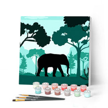 Cargar imagen en el visor de la galería, Mini Pintar por Números 20x20cm con bastidor Elefante en el bosque verde