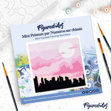 Cargar imagen en el visor de la galería, Mini Pintura por Números 20x20cm con bastidor Nueva York bajo un cielo rosa