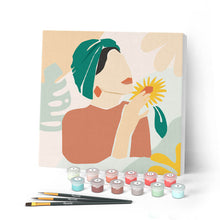 Cargar imagen en el visor de la galería, Mini Pintar por Números 20x20cm con bastidor Mujer con turbante verde