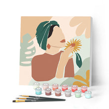 Cargar imagen en el visor de la galería, Mini Pintar por Números 20x20cm con bastidor Mujer con turbante verde