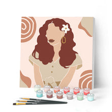 Cargar imagen en el visor de la galería, Mini Pintar por Números 20x20cm con bastidor Mujer y flor en el cabello