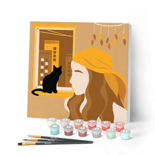 Cargar imagen en el visor de la galería, Mini Pintar por Números 20x20cm con bastidor Mujer y su gato en la ventana