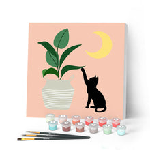 Cargar imagen en el visor de la galería, Mini Pintar por Números 20x20cm con bastidor Gatito y planta con luna