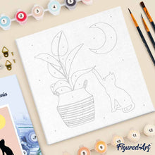 Cargar imagen en el visor de la galería, Mini Pintura por Números 20x20cm con bastidor Gatito y planta con luna