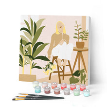 Cargar imagen en el visor de la galería, Mini Pintar por Números 20x20cm con bastidor Mujer y ramo de flores